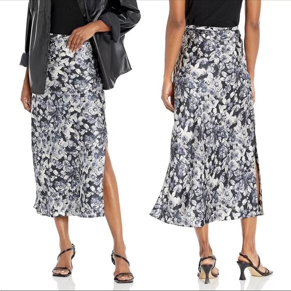 NWOT Cinq a Sept Adis Floral Print Silk Midi Skirt Black Blue Size 00 - Picture 3 of 10